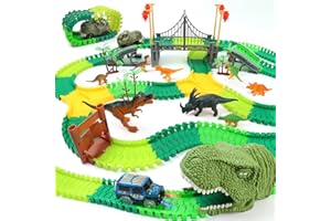 IQKidz Dinosaur World Race Track Toys - 216pcs Flexible Track Playset with 1 Dinosaur Car, 1 Race Car, 6 Dino Toys, for Kids 3 4 5 6 Year & Up Old (Boys and Girls)