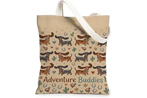 Dachshund Canvas Tote Bag for Women, Playful Casual Cactus Heart Summer Beige Washable Reusable Small Tote Bags Ideas for Fam