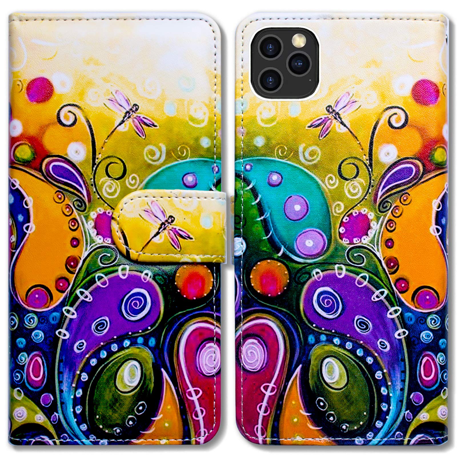 Bcov iPhone 12 Pro Max Case, Colorful Dragonfly Leather Flip Phone Case Wallet Cover with Card Slot Holder Kickstand For iPhone 12 Pro Max