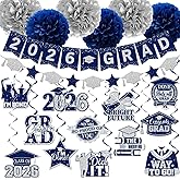 Graduation Banner Decorations,2026 Grad Banner and Congrats Grad Hanging Swirls, Navy Blue and Silver Graduation Banner Graduations Hanging Swirls College Graduations Party Decoration Class of 2026