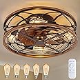 TIFEROR 20" Low Profile Caged Ceiling Fans With Lights And Remote, Farmhouse Flush Mount Ceiling Fan With 3 Speeds Reversible Motor, for Kitchen, Bedroom (Bulbs Included)