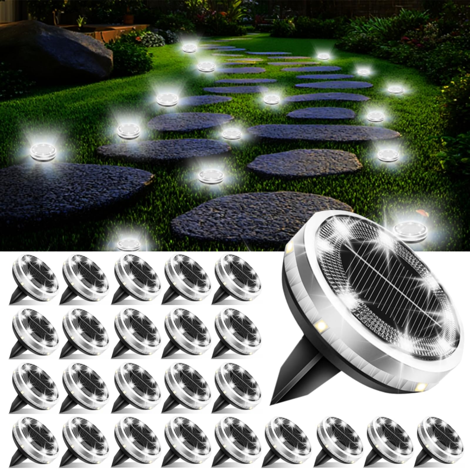 Photo 1 of Solar Ground Lights Outdoor 26 Pack Waterproof, Upgraded Solar Garden Lights with 4 Side Light, Stainless Steel Solar Powered Disc Landscape Light for Walkway Pathway Lawn Yard Patio Deck-Cool White