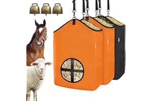 HAYSRMAN 3 PCS Goat Hay Feeder,Hay Bags for Horses,Goats,Donkeys with Reinforced Oxford Fabric and High Strength Metal Clasp,Horse Feeding Supplies with Adjustable Strap for Easy Hanging (2Orange+1Black)