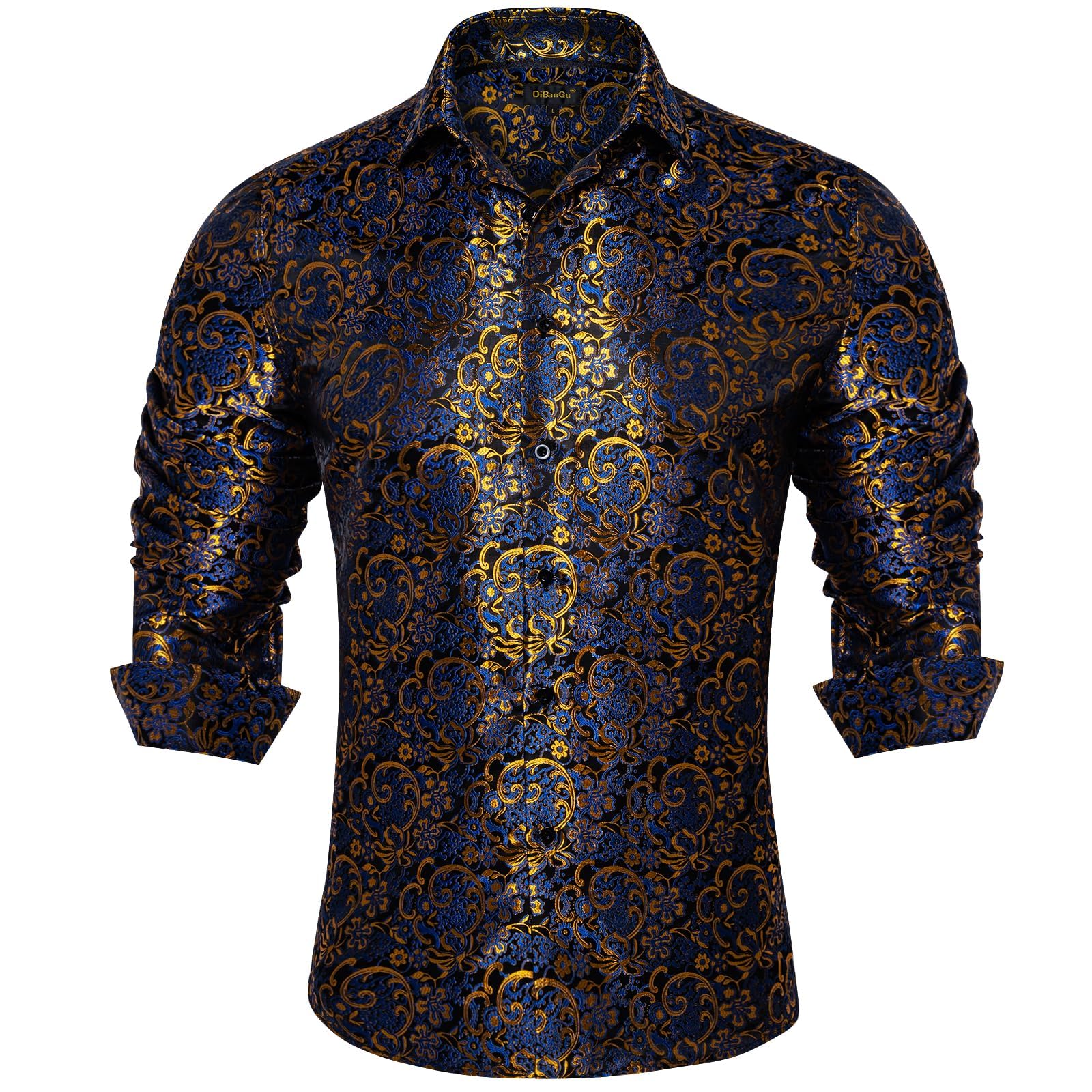 DiBanGu Mens Silk Paisley Dress Shirts,Long Sleeve Button Down Shirt Casual Regular Fit Shirt for Men Wedding Party, Blue Gold, Medium Image