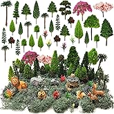 OrgMemory 45 Pcs Animal Tree, Moss, Forest Animals Figures, Plastic Trees for Projects, Model Train Scenery with No Bases, Miniature Trees Diorama Hobby Train Scenery