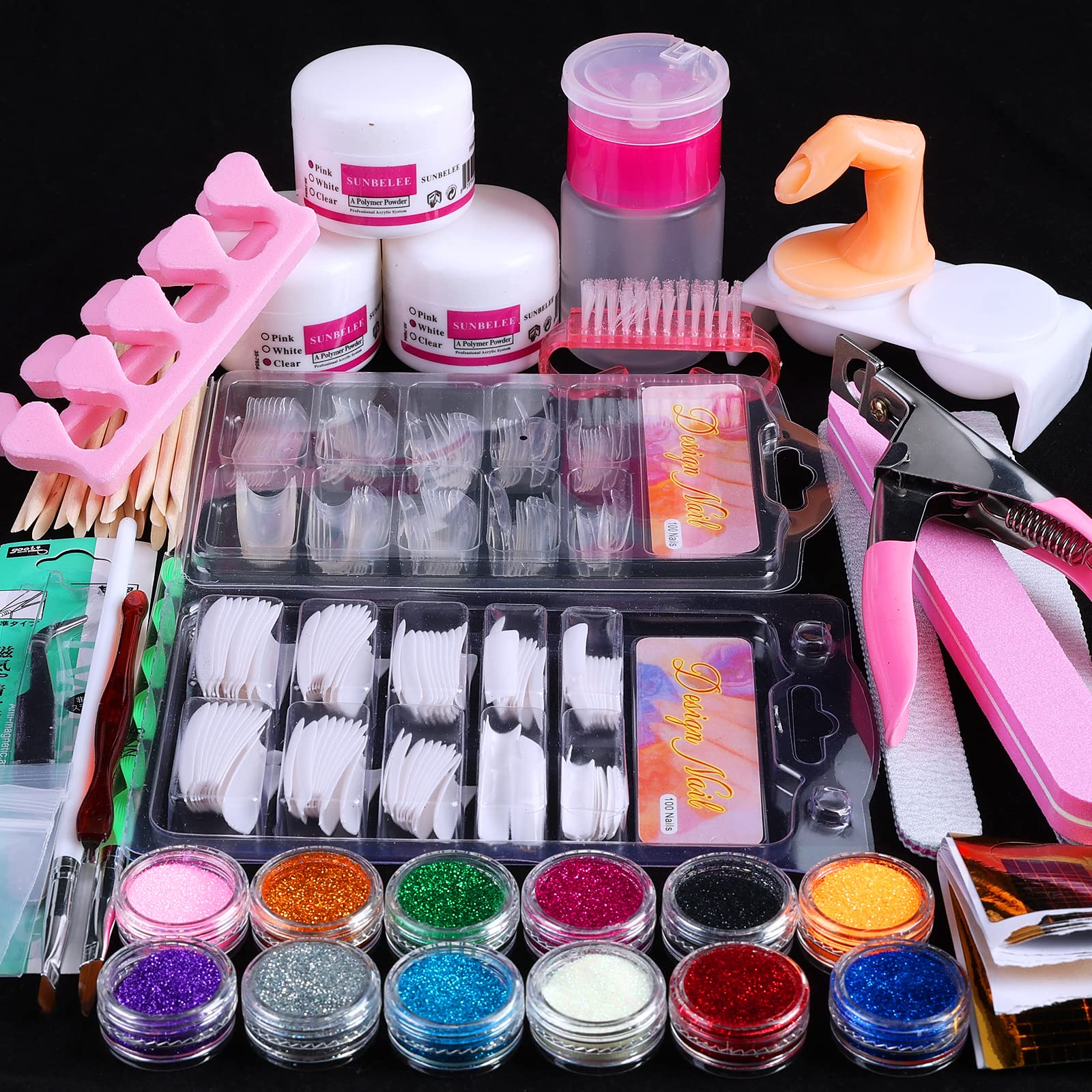 Photo 1 of Nail Kit Set Professional Acrylic with Everything, 12 Glitter Acrylic Powder Kit Nails Art Tips Decoration, DIY Nail Art Tool and Supplies for Beginners