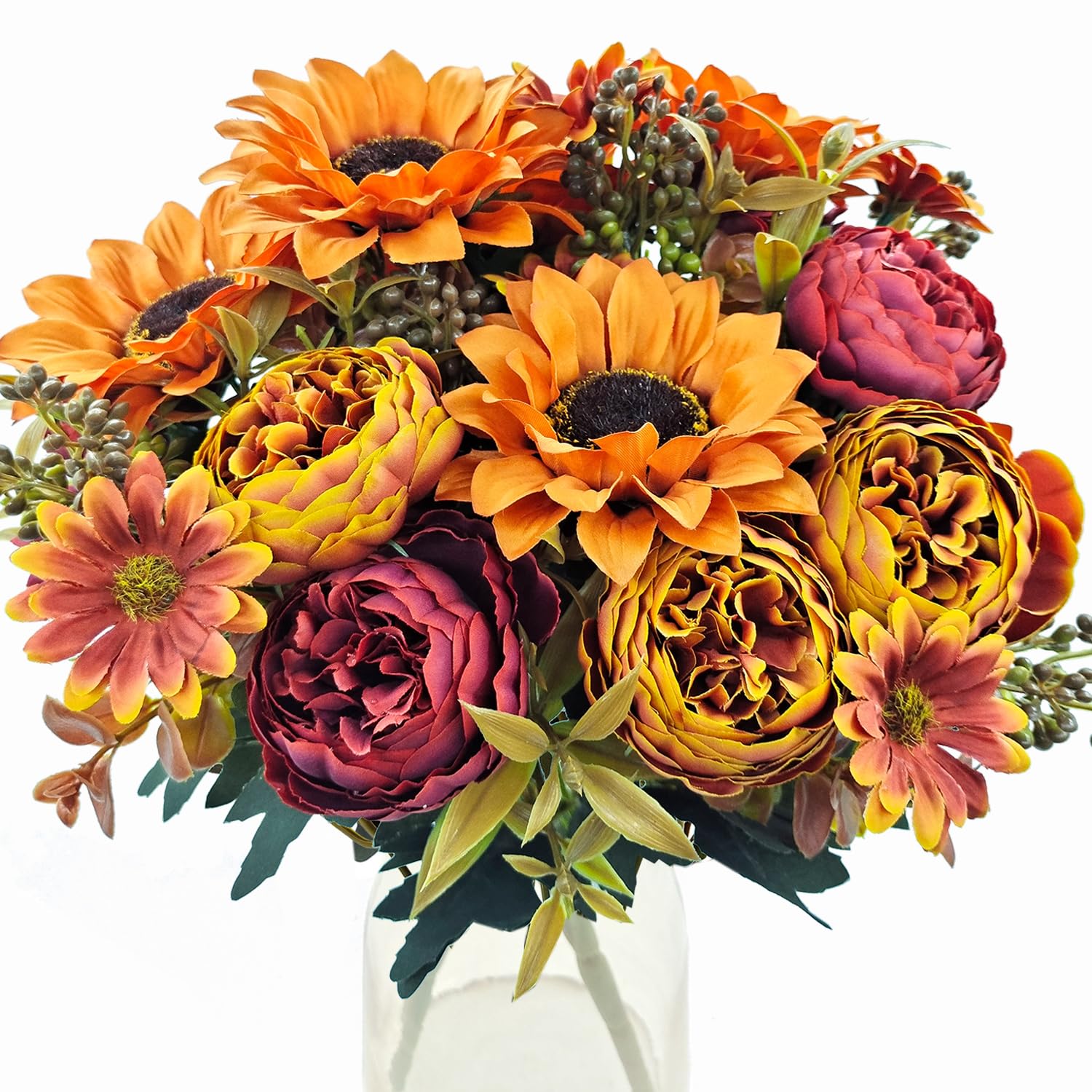 Photo 1 of Guagb 3 Pcs Fall Flowers Artificial Mums Silk Bouquet Faux Poeny Sunflowers Floral Fake Mum Arrangements Home Indoor Outdoor Planter Decor Party Wedding Table Autumn Decoration