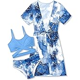 Oranchids Girls Swimsuit 3 Piece Tropical Print Bikini Set Criss Cross Bathing Suit with Drawstring Quick Dry Cover Up 7-16Y