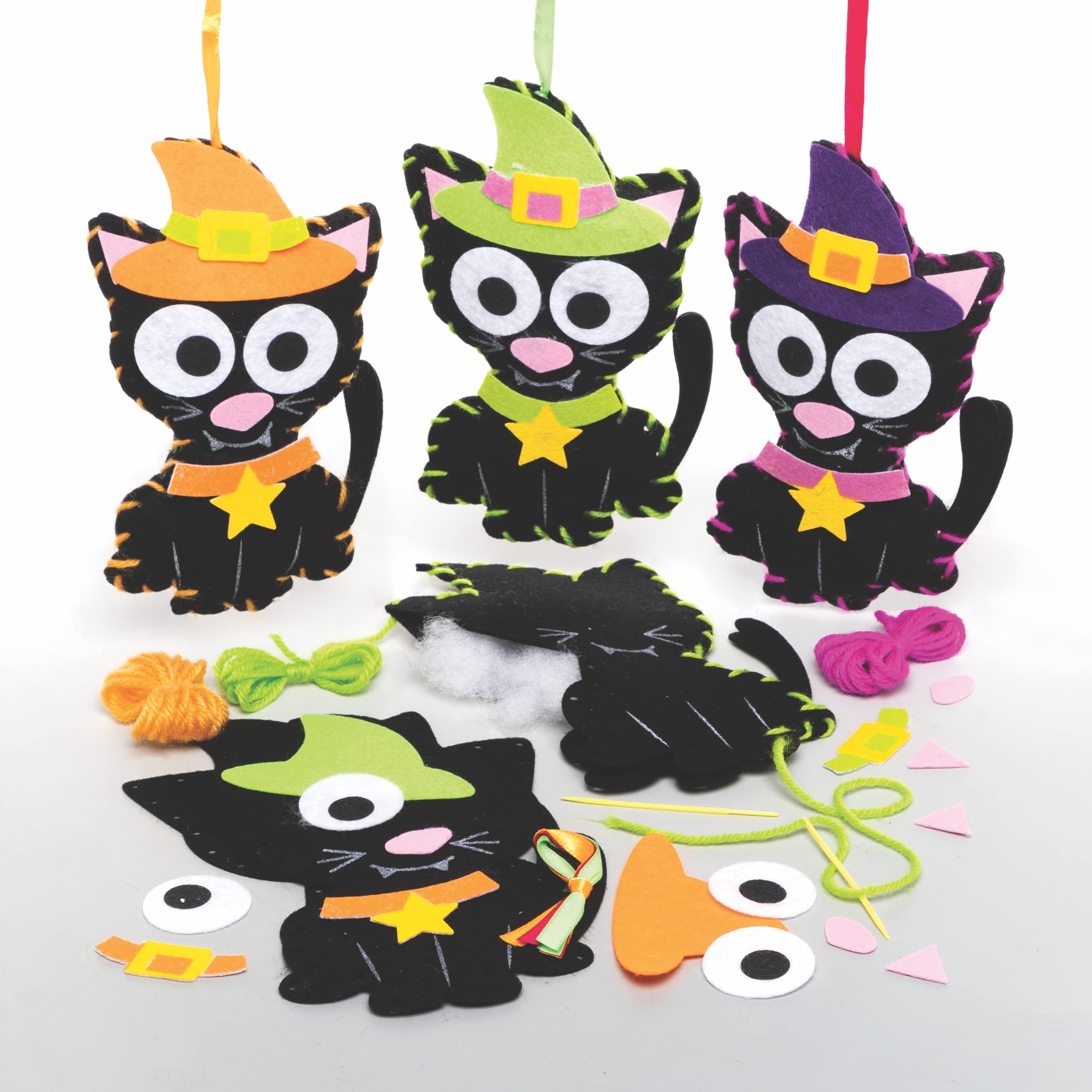 Baker Ross FE685 Witch Cat Decoration Sewing Kit - Pack of 3, Sewing Set for Children, Creative Activities for Kids, Ideal Halloween Arts and Crafts Project, Cat, Green,Orange,Purple