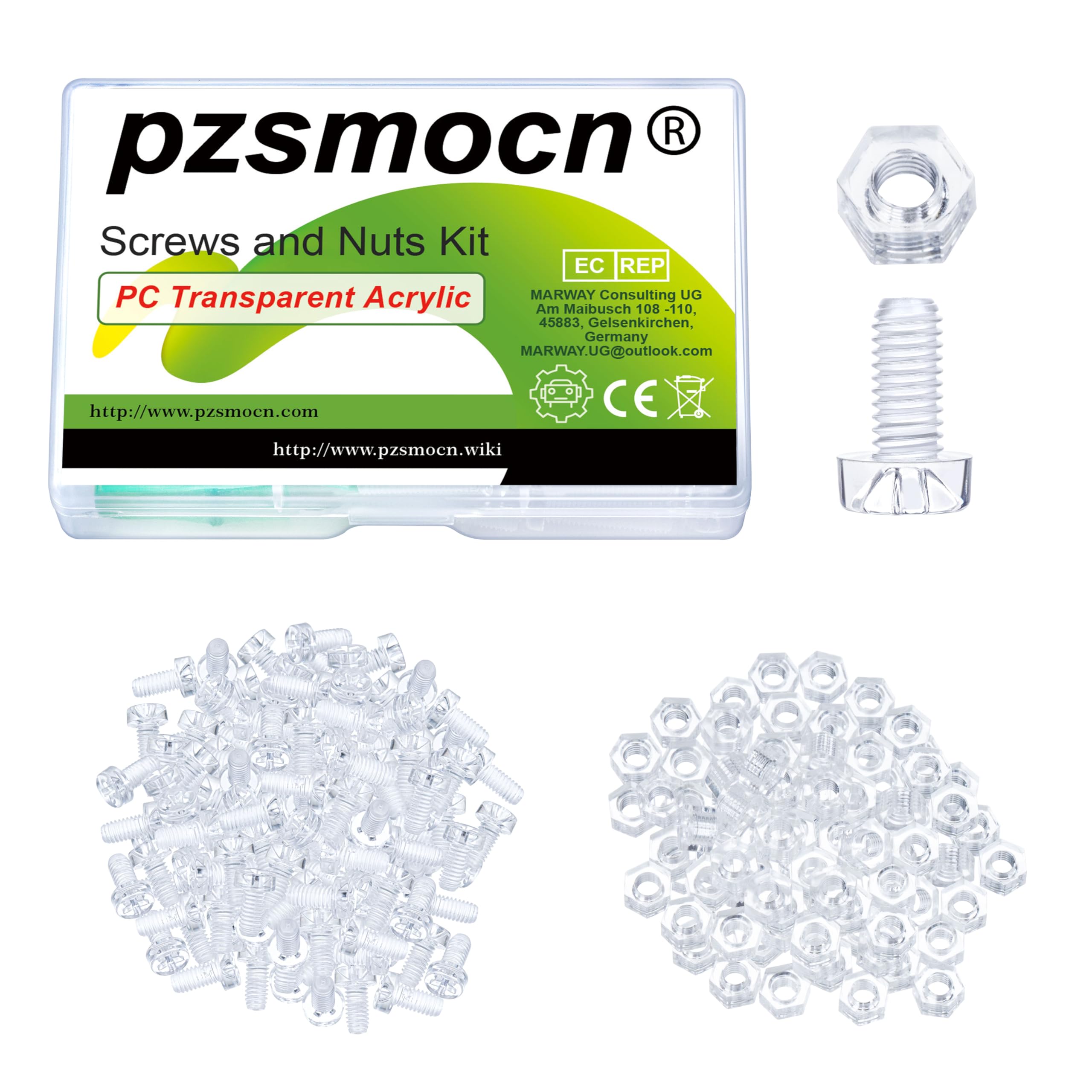 Pzsmocn 200 Pieces/100 Sets M4*8 mm PC Transparent Plastic Cross-recessed Round Head Screws and Hexagonal Nuts Kit, Corrosion-resistant, for DIY, Model and Electronic Product Fixation.