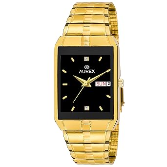 Aurex Analouge Black Day & Date Dial 18 K Gold Plated Watch Water Resistant Golden Color Strap Wrist Watches for Mens/Boys (AX-GSQ9151-BKG)