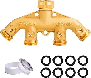 Tool Daily Garden Hose Splitter 4 Way, Spigot Adapter 4 Valves, Brass Hose Connector 3/4 Inch