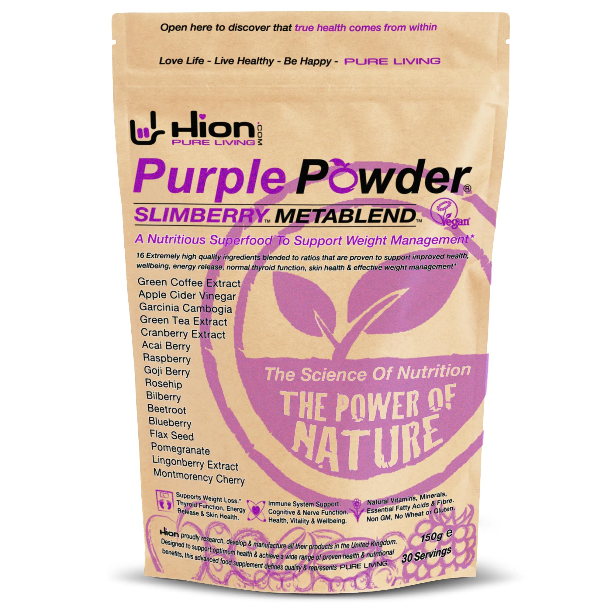Hion Purple Powder - SLIMBERRY METABLEND Award-Winning UK-Made Superfood Blend | 16 Nutrient-Rich Fruits incl. Green Coffee & ACV | Boost Energy & Curb Cravings | Vegan, Gluten-Free | 30 Servings