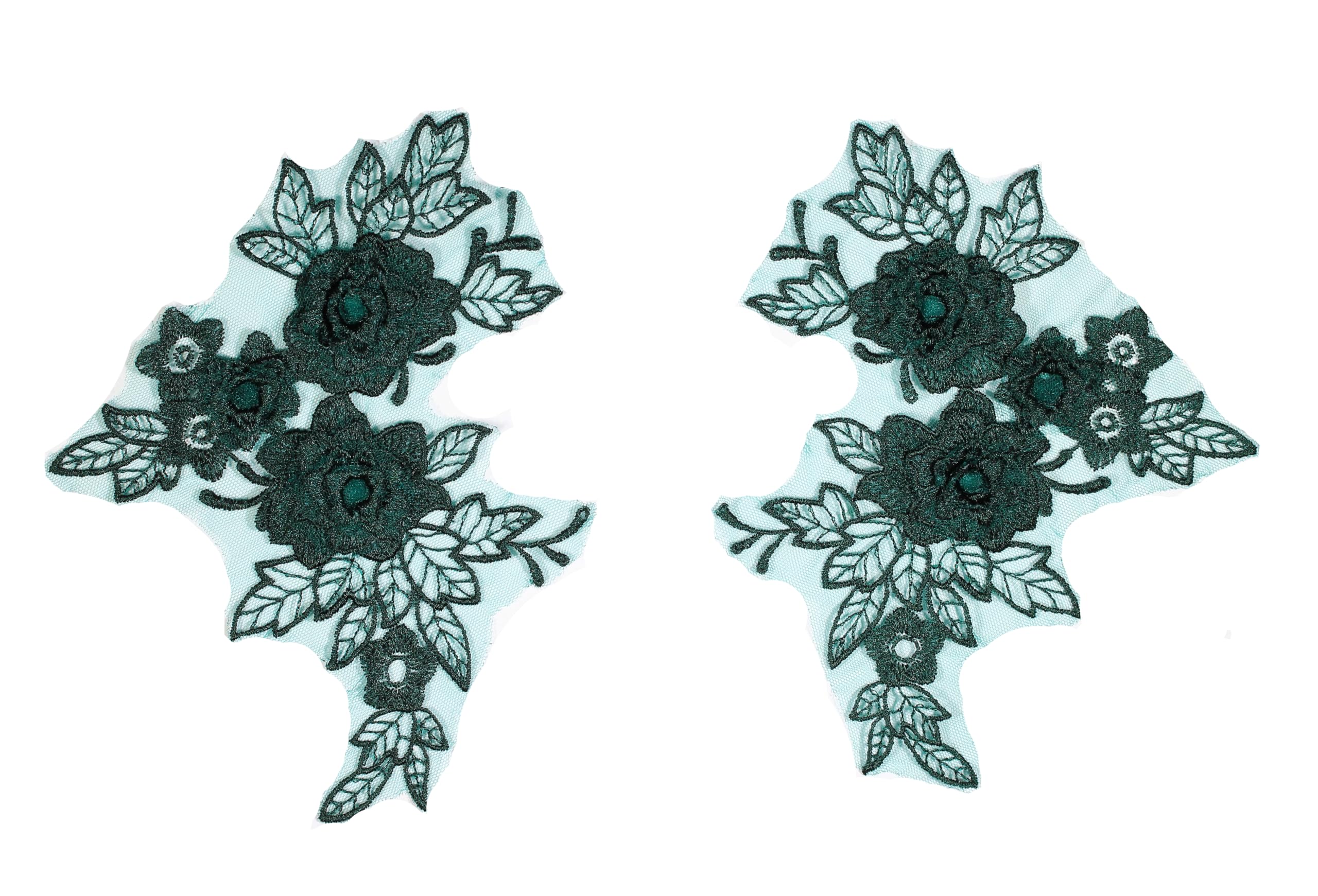 2 Pieces x 3D Lace Applique Motifs Flower Patch Mesh Sew on #5 (Dark Green)
