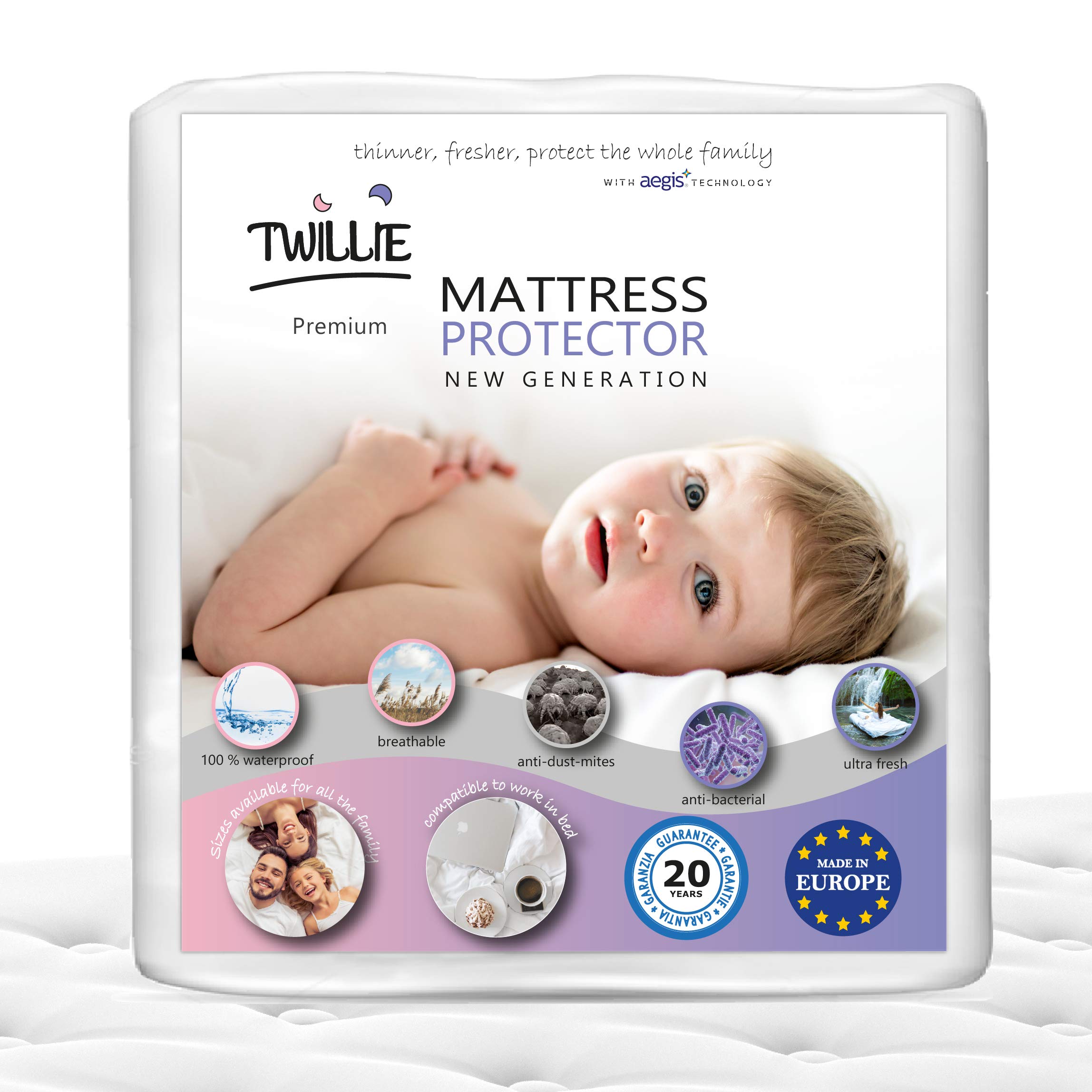 Twillie - Waterproof Mattress Protector 60 x 120 cm / 2ft x 4ft – 100% Jersey PolyCotton - 13" Deep Pocket - Breathable, Hypoallergenic, Anti-Mite, Anti-Mold - Oeko Tex® - 20 Years Warranty