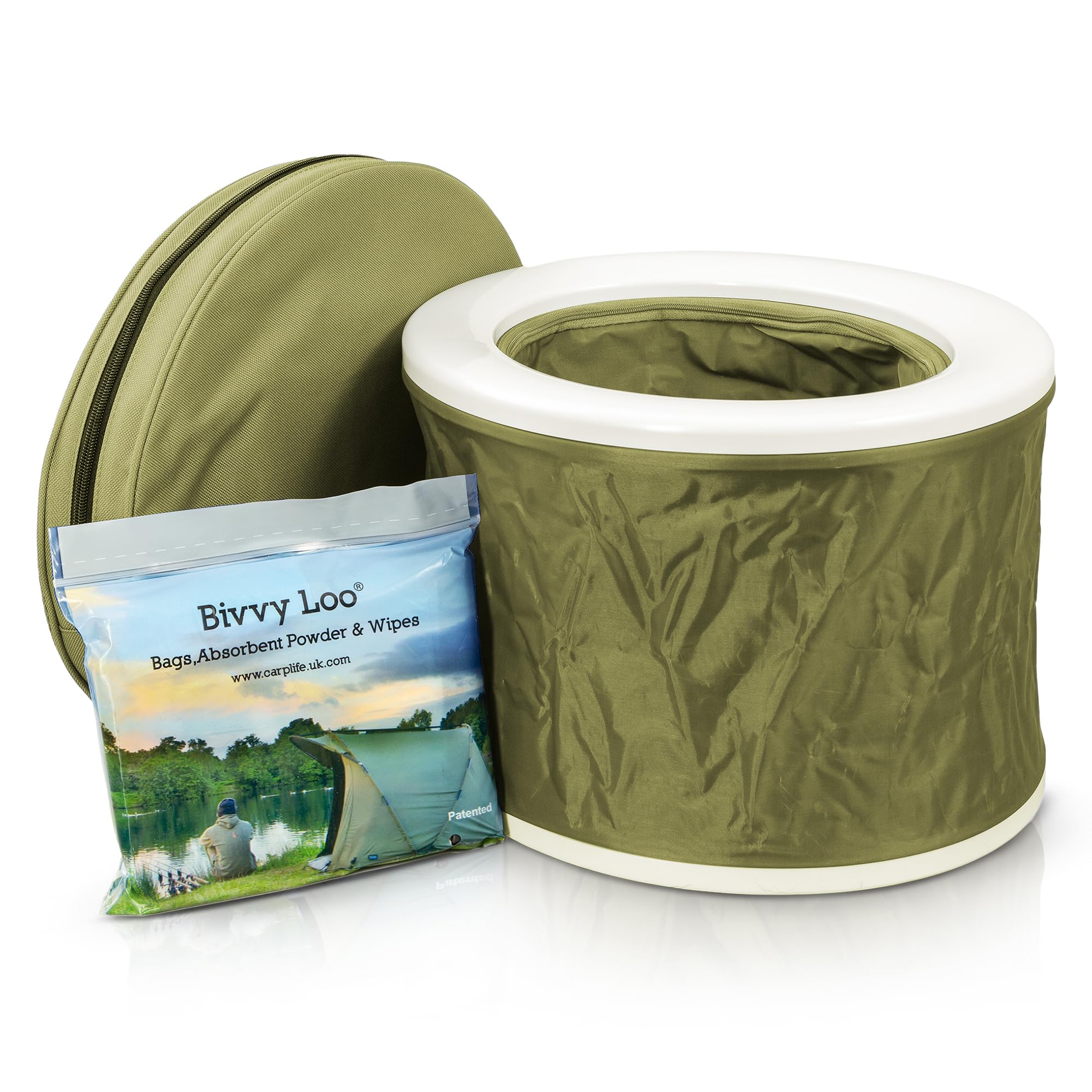CarpLife Bivvy Loo Kit - Folding Portable Toilet with Liners, Waste Powder, Wipes - Collapsible Fishing Toilet, Festival Potty, Porta Potty Bucket, Portable Loo for Camping, Hiking & Road Trips, Green