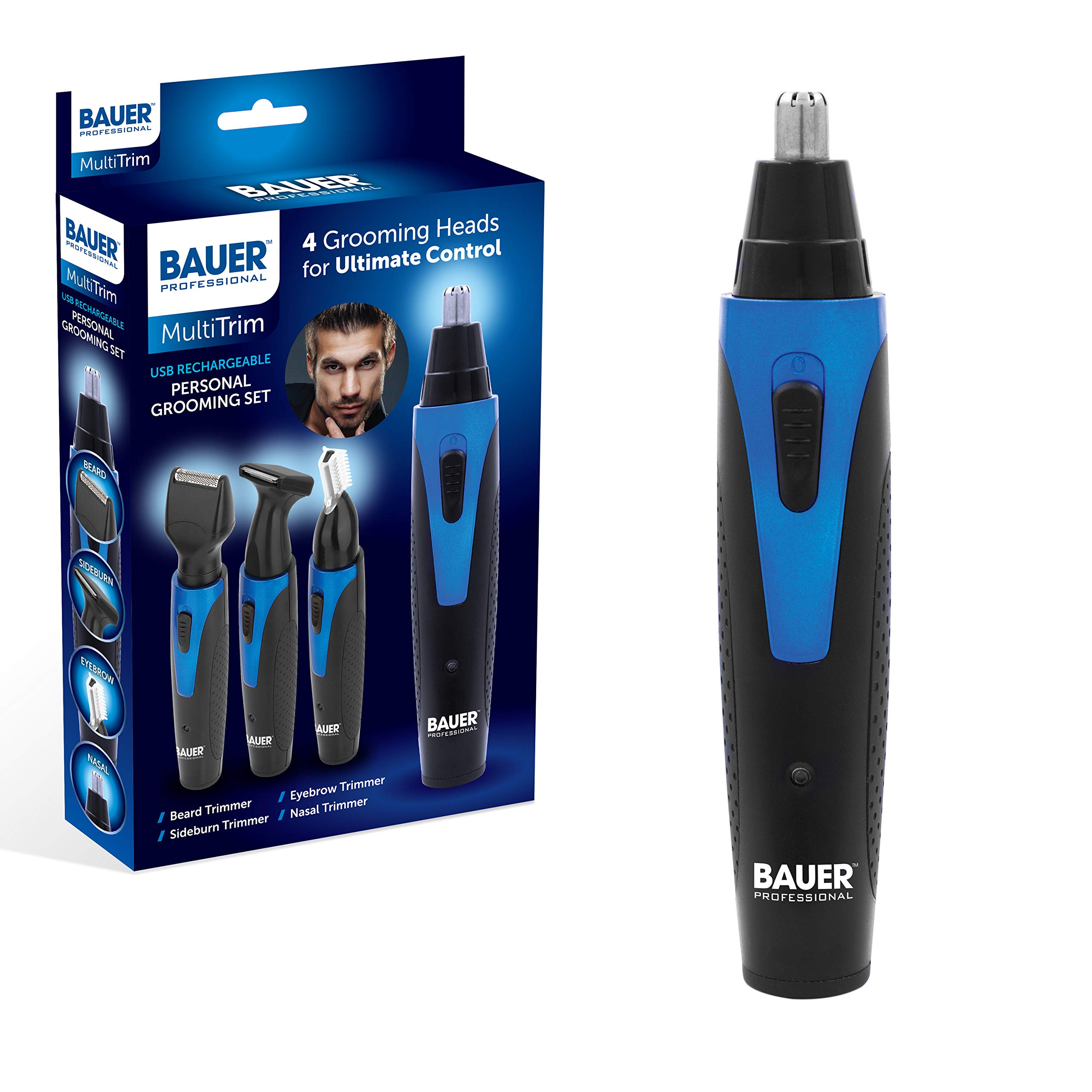 Bauer 39179 USB Rechargeable Personal Grooming Set | 4 Interchangeable Heads for Beard, Nose, Hair & Body | Ergonomic Handle | Travel Groomer