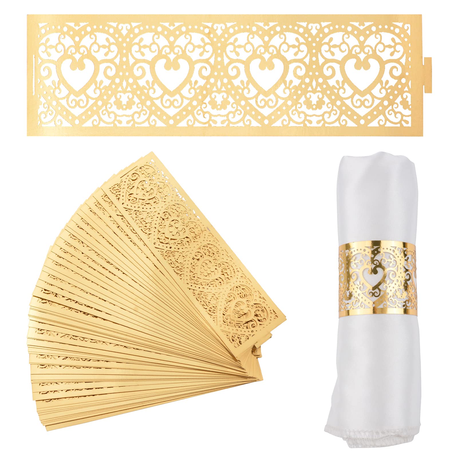 URROMA Napkin Rings, 50 Pcs Reflective Gold Heart Hollowed Napkin Buckle for Table Decoration Valentine Day Thanksgiving Christmas Anniversary Dinners