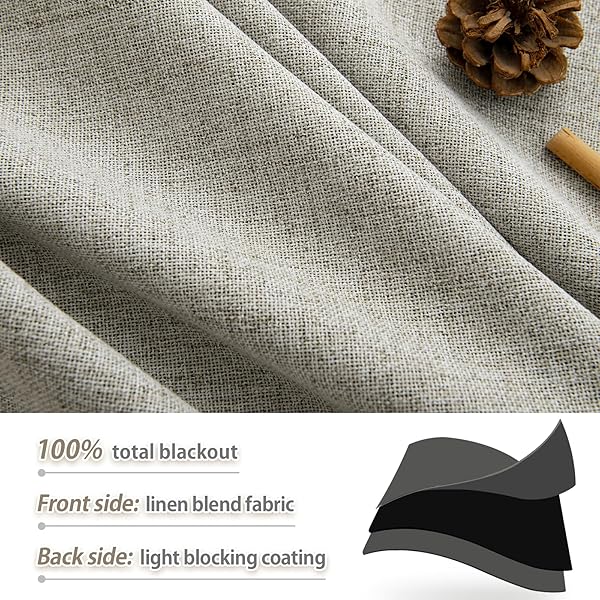 PANGSINNE LINEN FULL BLACKOUT TEXTURED CURTAINS – 90 INCH LENGTH ROOM DARKENING THERMAL INSULATED DRAPES FOR LIVING ROOM, BACK TAB 100% BLACK OUT BEIGE WINDOW CURTAIN