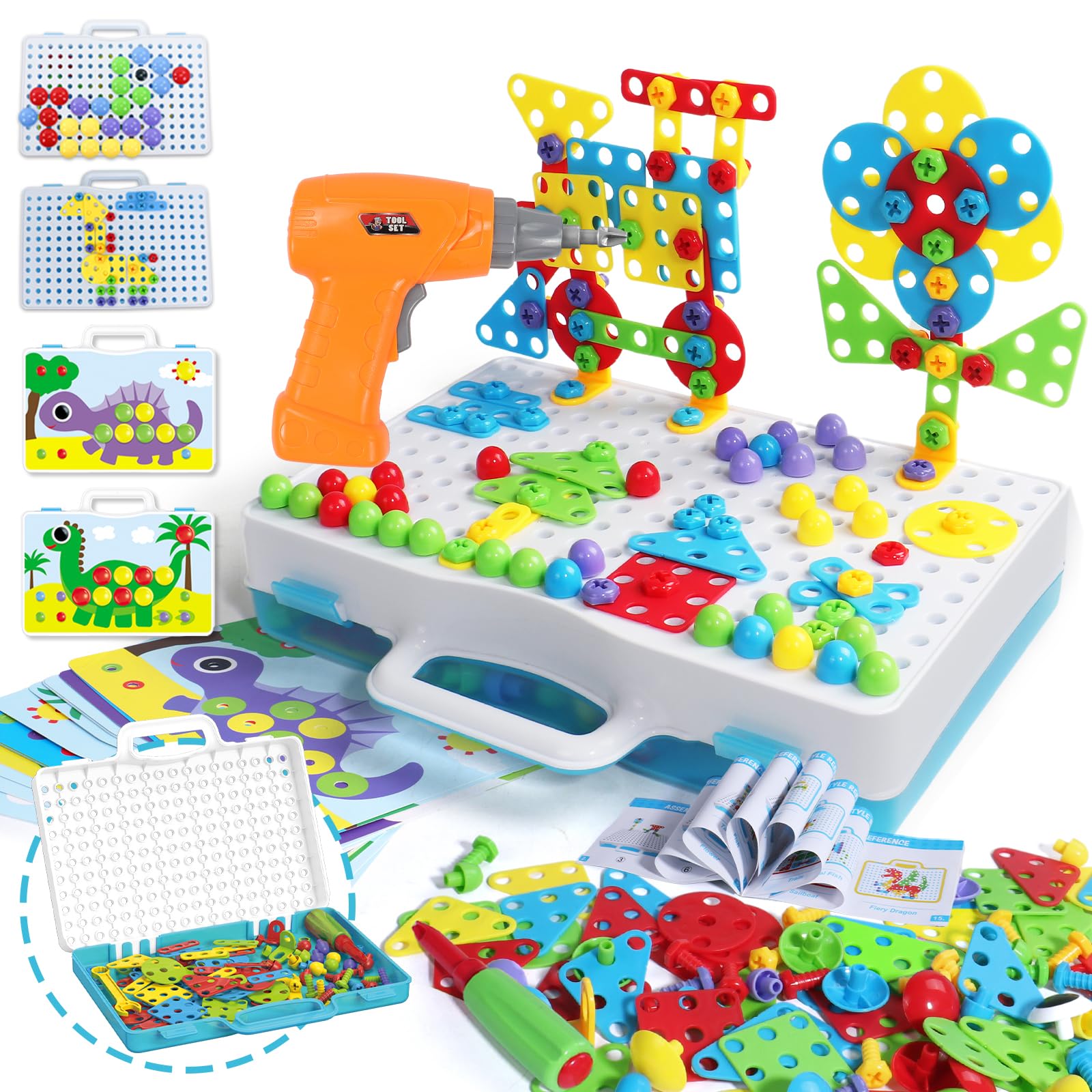 224 PCS Kids Peg Boards Tool Set Dinosaur Puzzle 3D Mosaic Kit Drill Board Game for kids Toys Educational Building Blocks Puzzle Game,Construction Plugging Toys for Boys Girls Age 3 4 5
