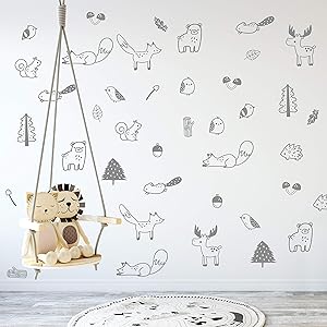 Wall Vinyl Grey Forest Animal Decal 40 pcs. Nursery Decor, Original Artist Design. Adhesive Animals Sticker for Kids. Baby Nordic Fox, Bear, Moose, Birds, Squirrel, Pine, Leaf Bedroom Decoration.