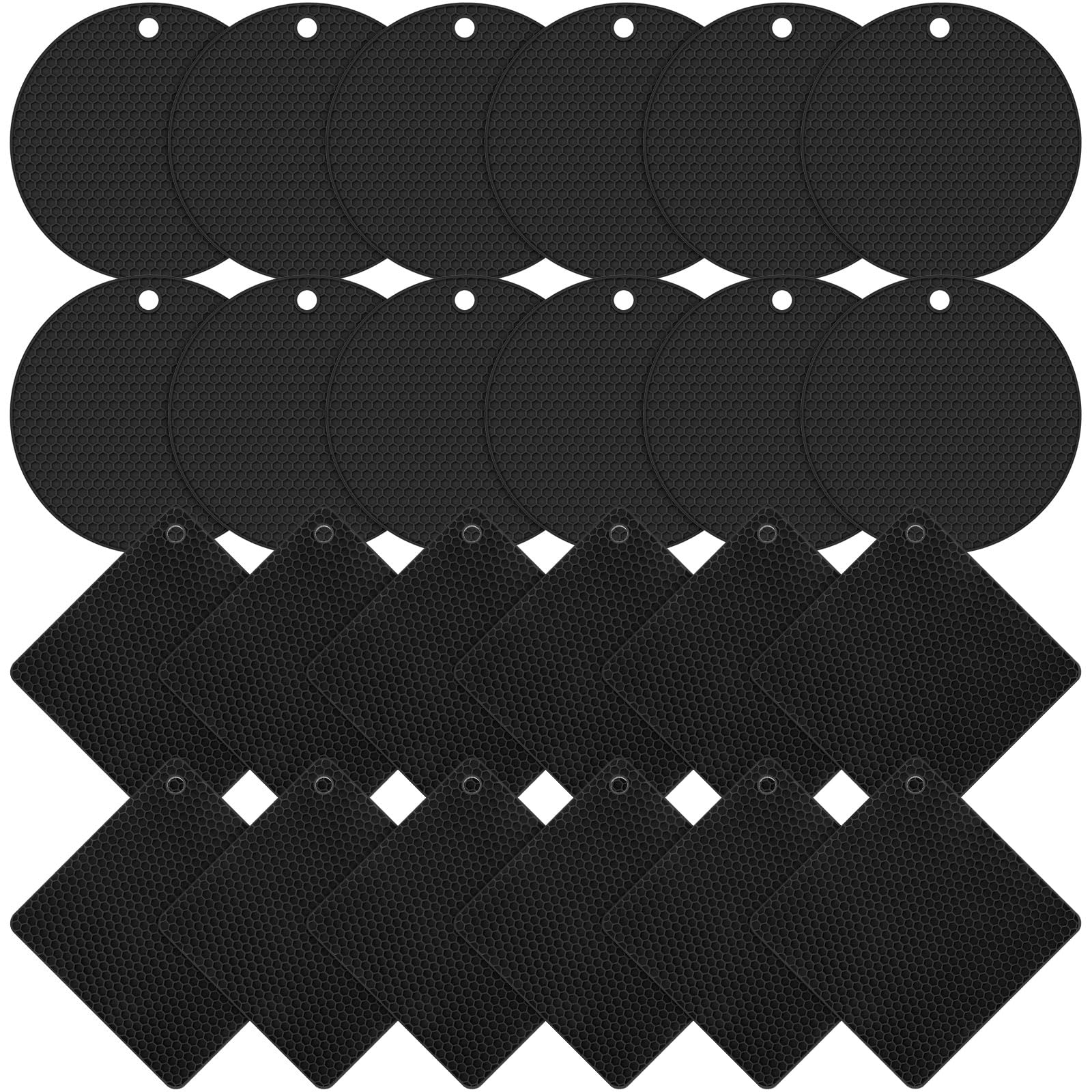 Photo 1 of Dandat 24 Pcs Silicone Trivets for Hot Dishes Non Slip Hot Pads for Kitchen Multipurpose Pot Holders for Kitchen Easy to Wash Heat Resistant Mat for Countertops Table, Square and Round (Black)