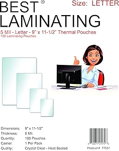 Best Laminating - 5 Mil Clear Letter Size Thermal Laminating Pouches - 9 X 11.5 - Qty 100