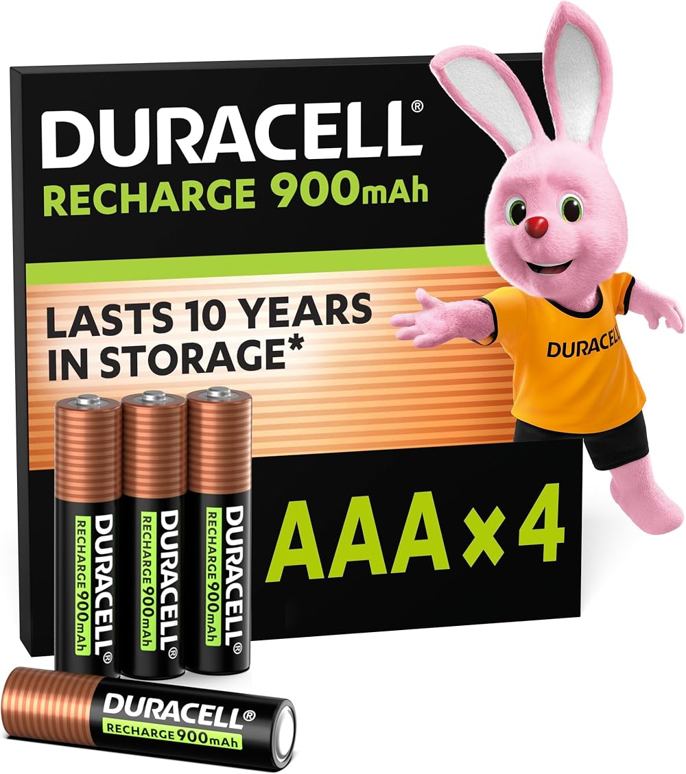 Duracell AAA Rechargeable Batteries 4 Pack 900 mAh NiMH Pre-Charged