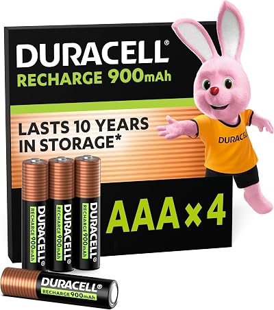 Duracell AAA Rechargeable Batteries 4 Pack 900 mAh NiMH Pre-Charged