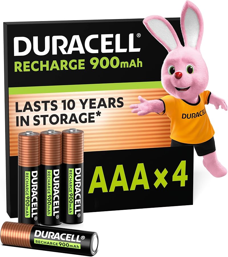 Duracell AAA Rechargeable Batteries 4 Pack 900 mAh NiMH Pre-Charged