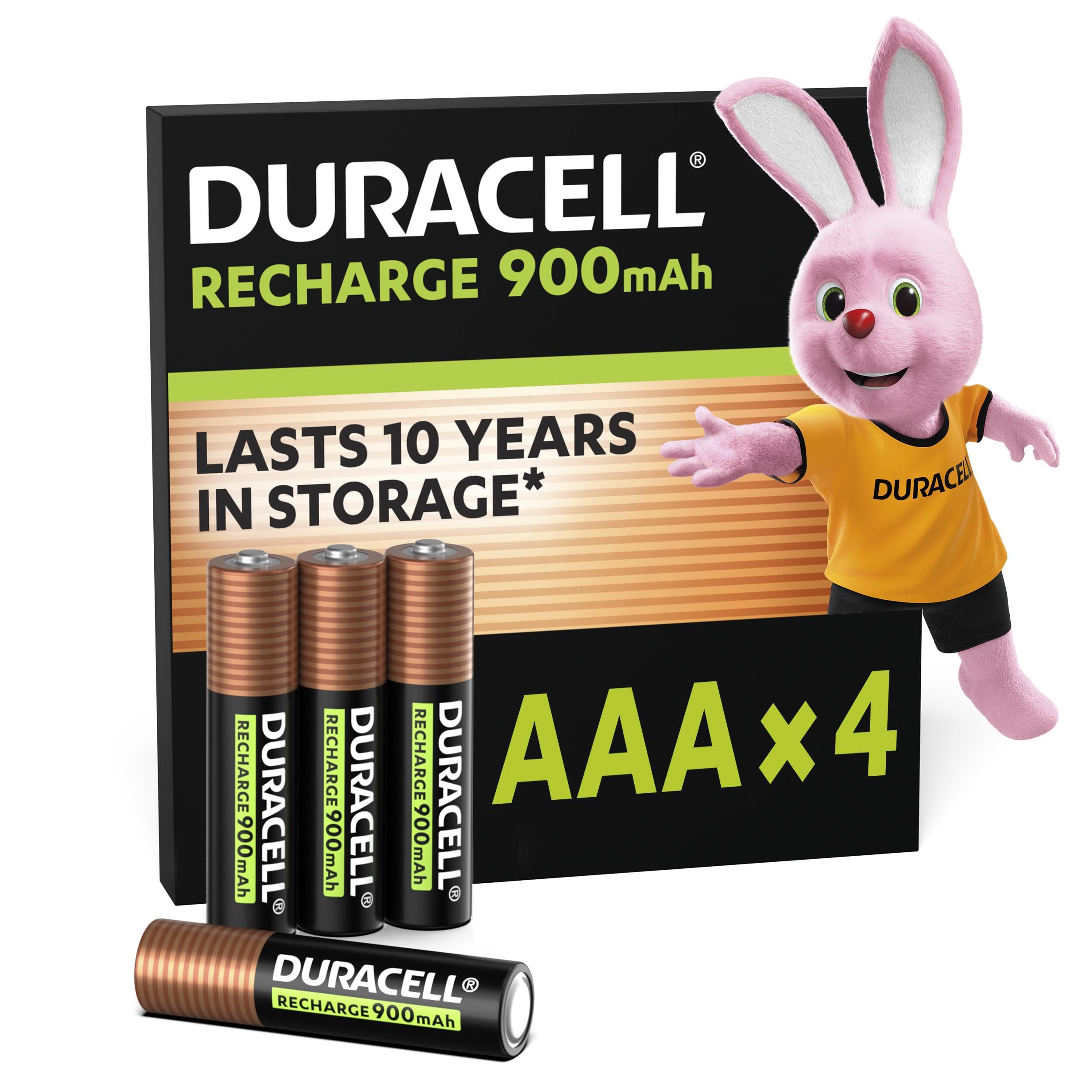 Duracell Rechargeable AAA Batteries (Pack of 4), 900 mAh NiMH, pre-charged, Our No.1 Longest Lasting Rechargeable Battery