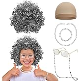 Huskein Old Lady Costume for Kids, 100th Day of School Cosplay Black White Curly Wig Glasses Wig Cap Necklace Bracelet Accessories