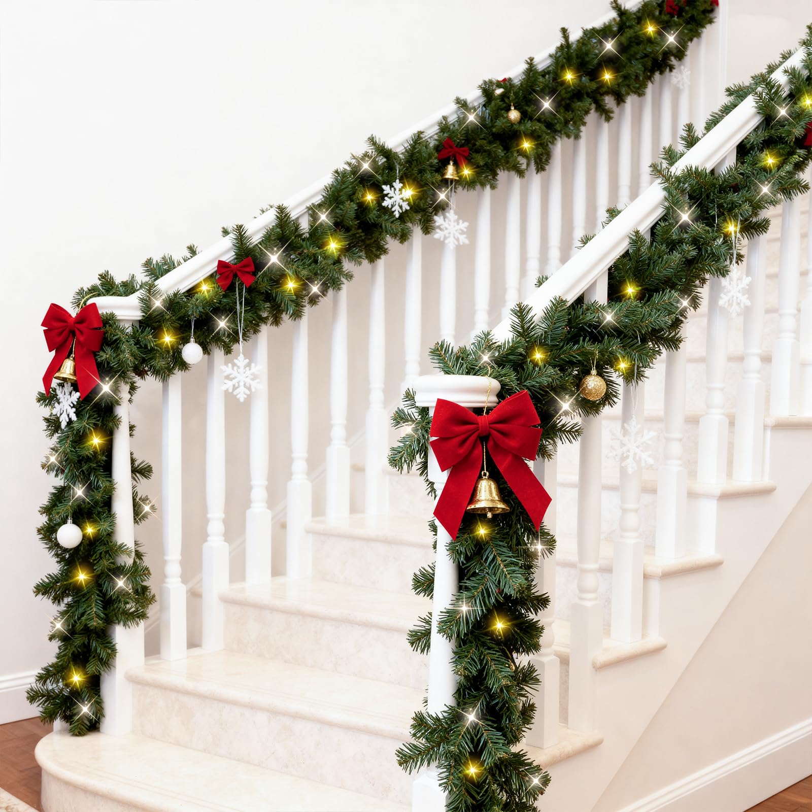 Photo 1 of 2 Pack Christmas Garlands with Lights, Artificial Pre-lit Garland Christmas for Stairs, 9FT Lighted Garlands with Timer, Battery Operated Christmas Garland for Mantle