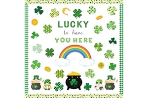 CPicdn 145Pcs St. Patrick's Day Bulletin Board Classroom Decoration Lucky to Have You Here Cutouts Irish Shamrock Gnome Name Tags Green Plaids Border Trim School Chalkboard Home Wall Door Party Decor