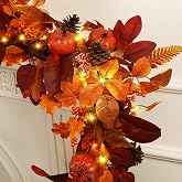 SHareconn 9ft Fall Garland with Lights and Timer for Mantle | Autumn Maple Leaves with Realistic Pumpkins, Thanksgiving Harvest Table Centerpiece Decoration for Home Porch Fireplace Decor