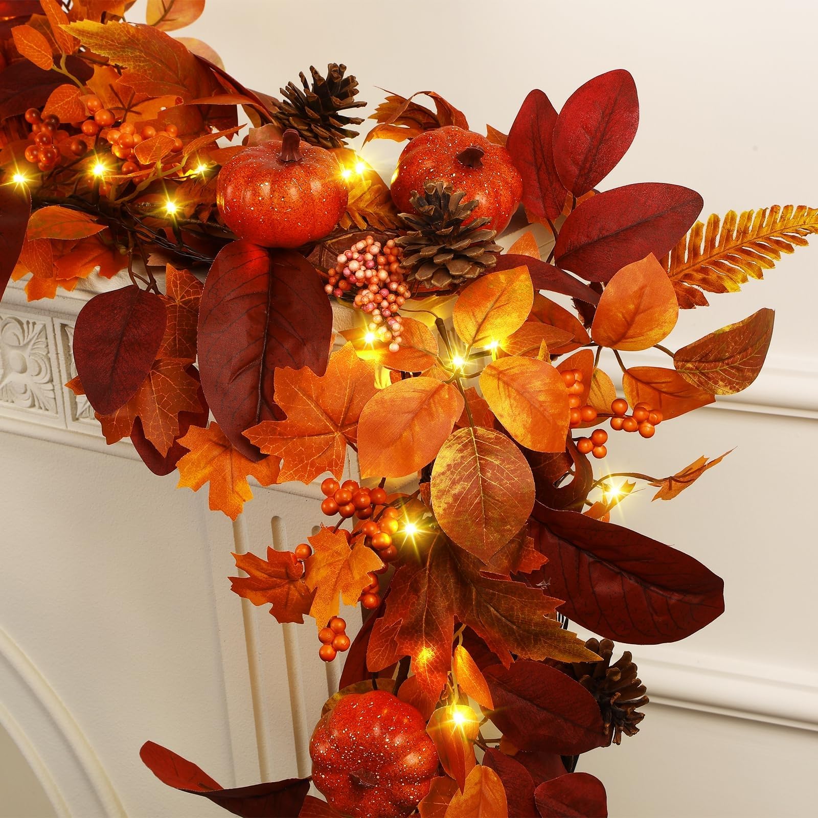 Photo 1 of SHareconn 6ft Fall Garland with Lights, Autumn Leaves Garland with Realistic Pumpkins, Thanksgiving Christmas Decorations for Mantle Home Wedding Table Porch Indoor Outdoor, Orange, 6 FT