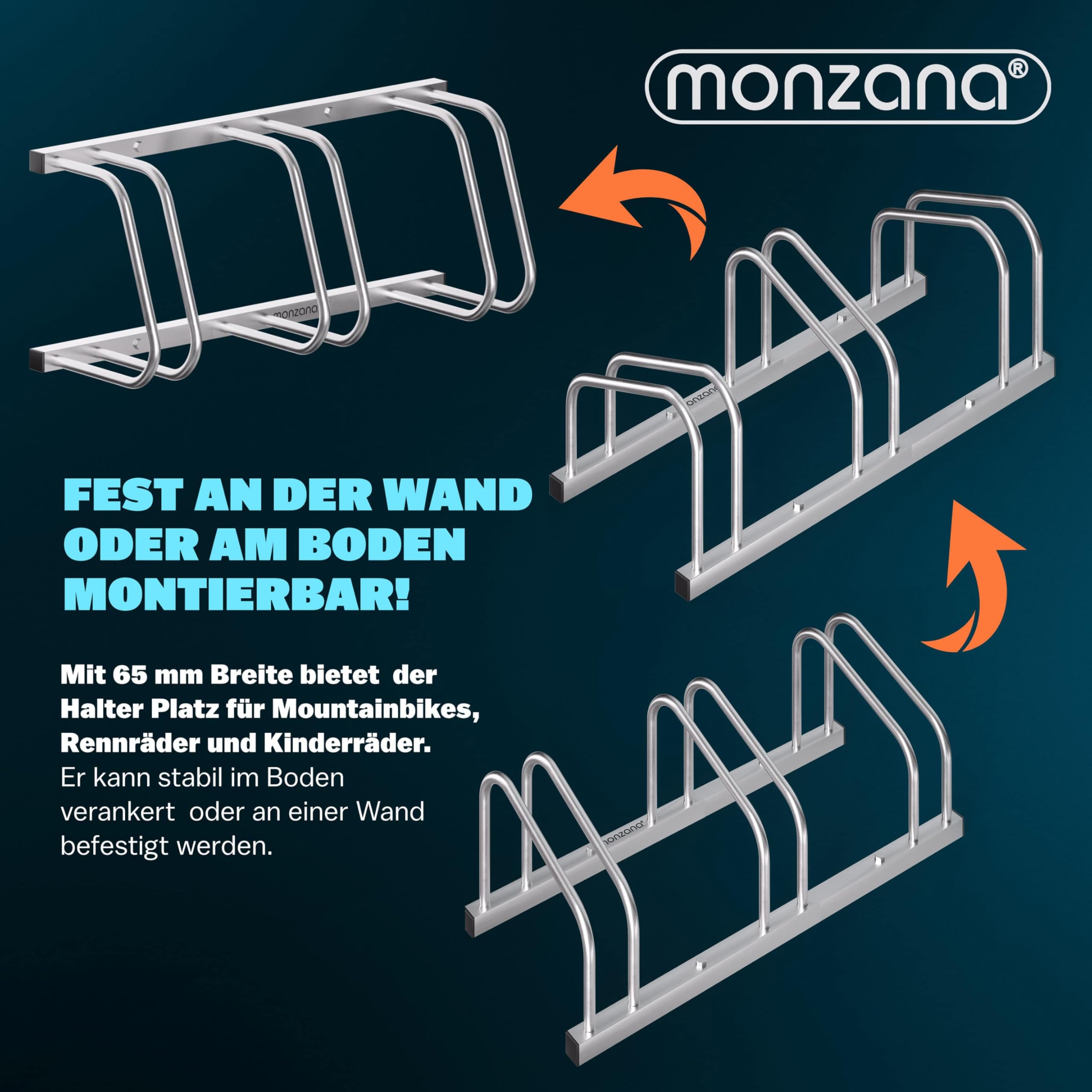 Monzana® Fahrradständer für 3 Fahrräder 37cm Radabstand 30-65mm Reifenbreite rostfreier Stahl selbstsichernde Schrauben Boden oder Wandmontage Mehrfachständer Fahrradhalter Aufstellständer Radständer 6