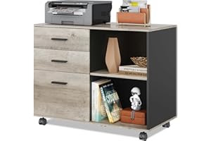 DEVAISE 3 Drawer Mobile File Cabinet, Wood Lateral Filing Cabinet, Printer Stand with Open Shelves for Home Office, Greige