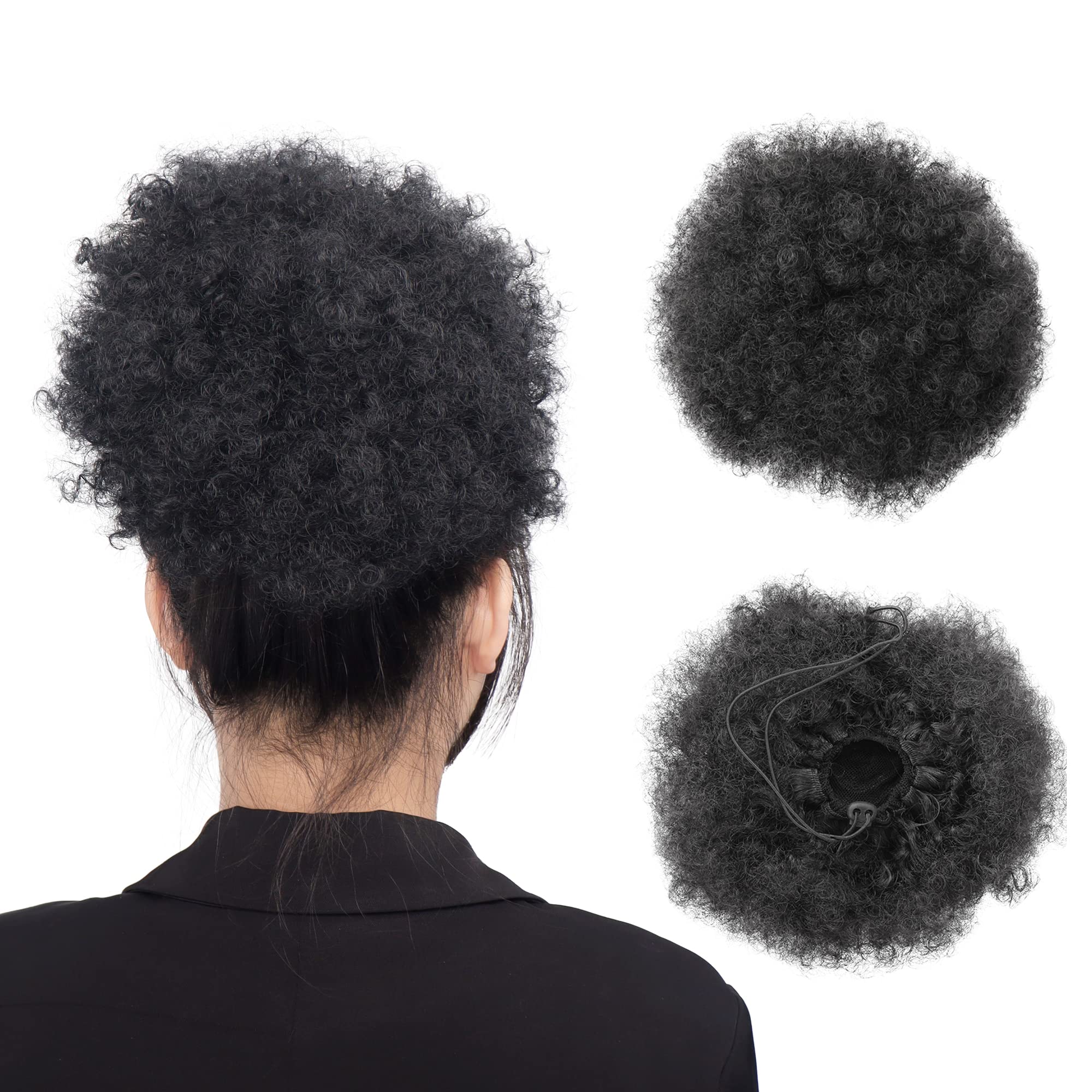 MEIRIYFA Black Afro Puff Drawstring Ponytail Short Kinky Curly Hair Bun Extension Chignon Hairpieces Wrap Updo Hair Extensions