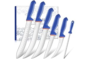 DRAGON RIOT 6 Pcs Butcher Knives Set, Meat Processing Knife Set for Brisket Trimming with German Stainless Steel and Blue Non