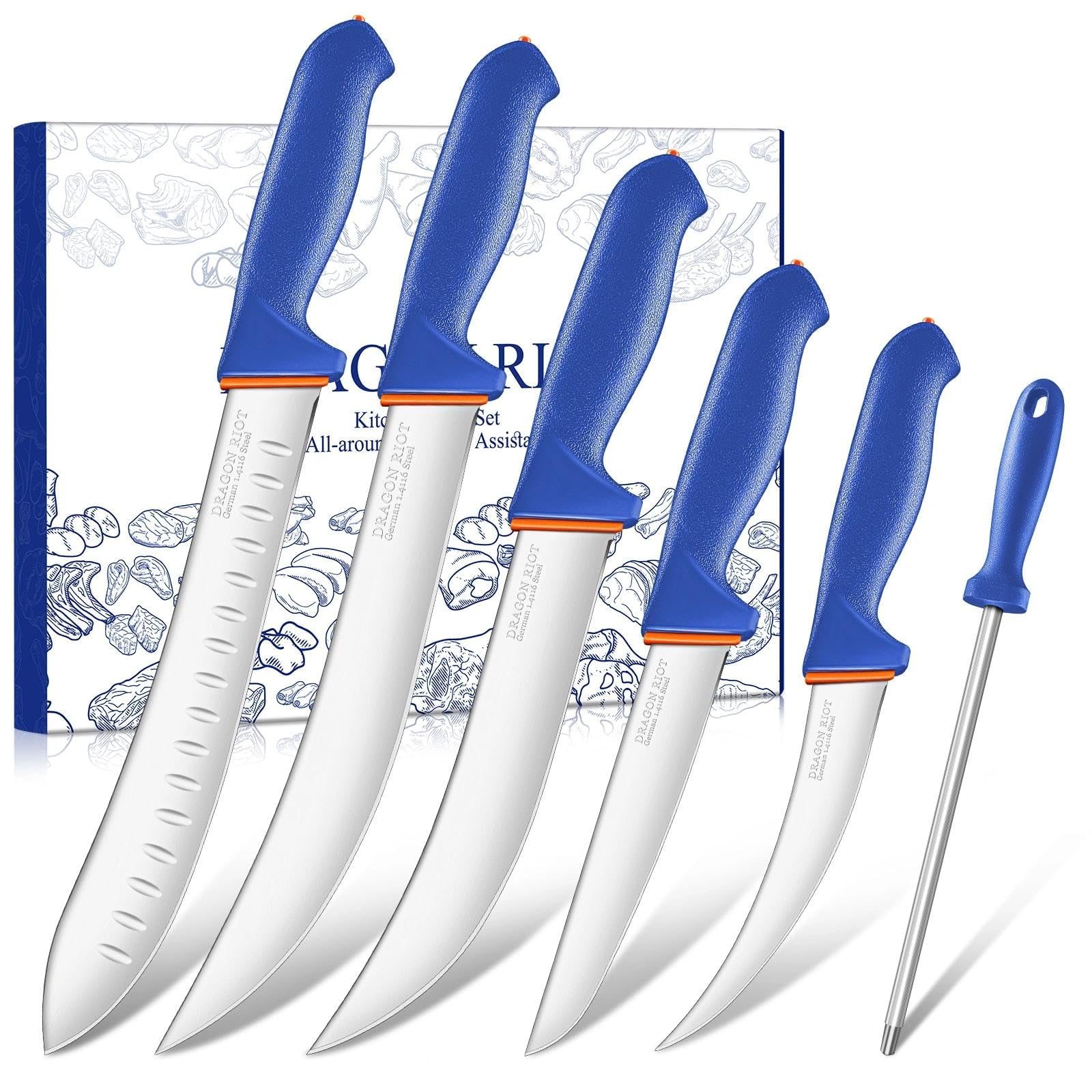 Photo 1 of ***FACTORY SEALED***DRAGON RIOT 6 Pcs Butcher Knives Set, Meat Processing Knife Set for Brisket Trimming with German Stainless Steel and Blue Non-slip Handle Gift for Men