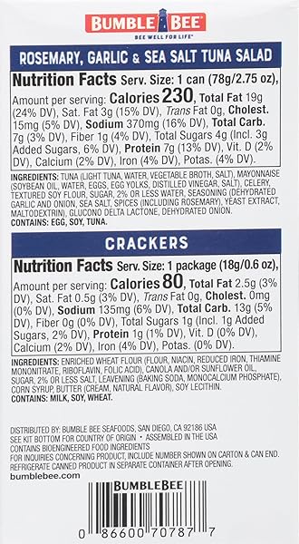 BUMBLE BEE SNACK ON THE RUN ROSEMARY, GARLIC, & SEA SALT TUNA SALAD WITH CRACKERS KIT – READY TO EAT PROTEIN SNACK PACK – 8G PROTEIN PER BOX – WILD CAUGHT MSC CERTIFIED TUNA