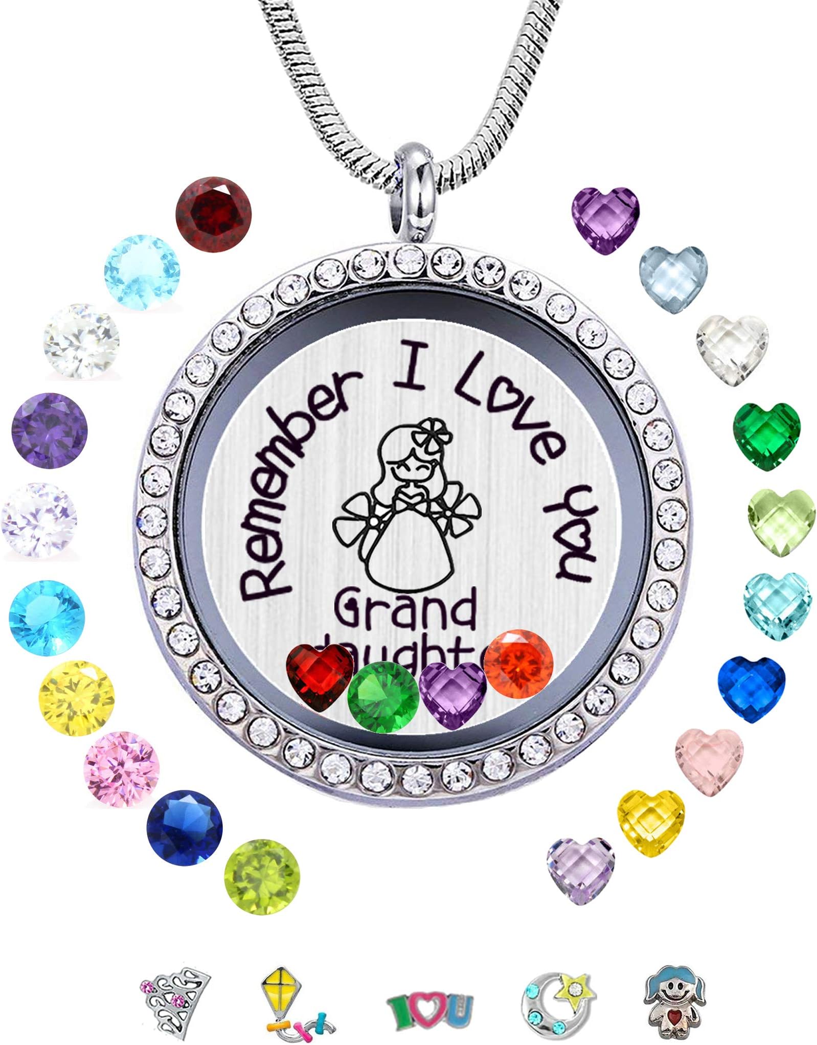 30mm Stainless Steel Living Memory Floating Locket Necklace Pendant with Charms and 24 Birthstones, Best Gifts for Women Girls