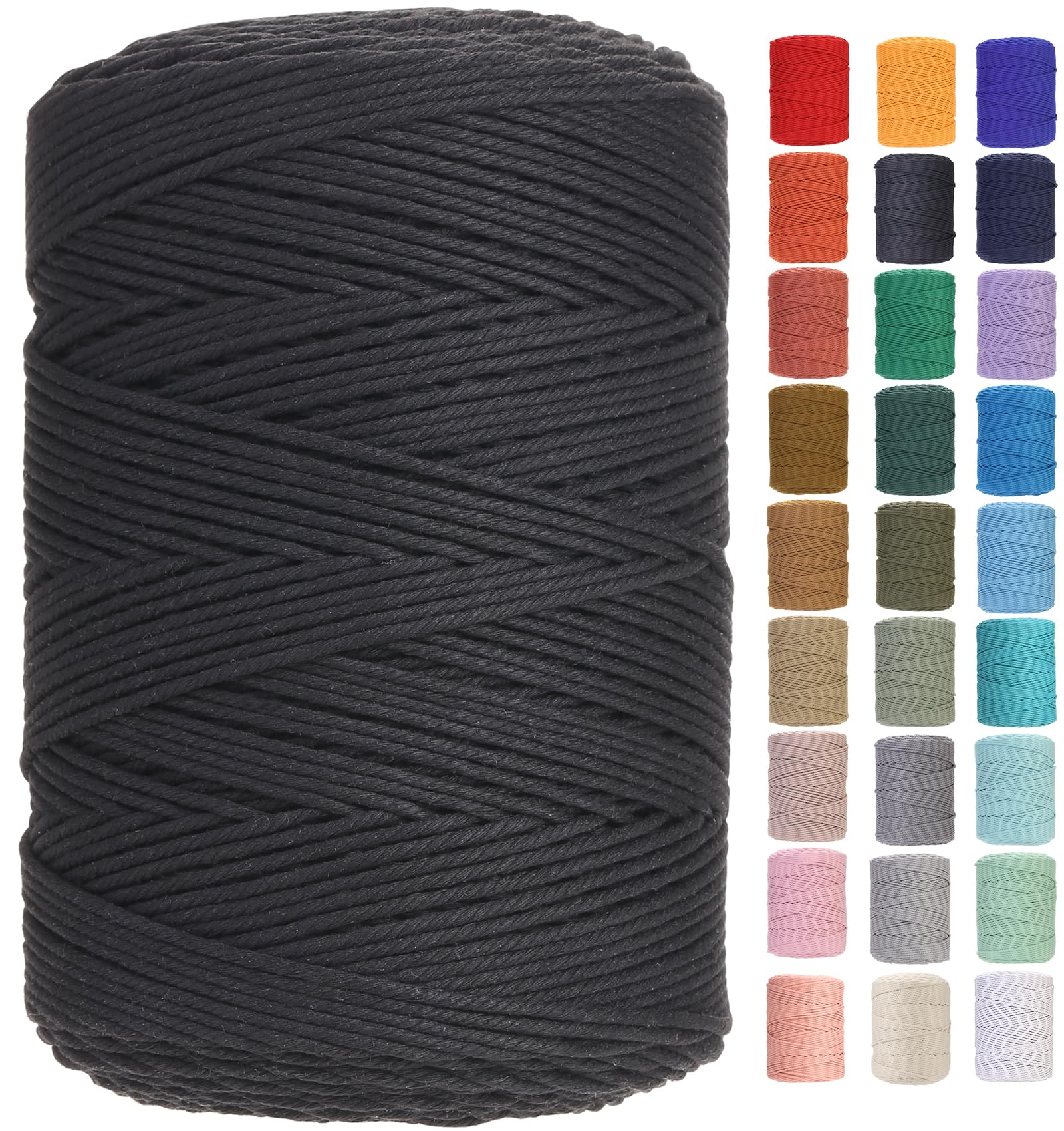 GOHOF Macrame Cord 3mm x 450m Premium Cotton Macrame Rope, 4 Strand Twisted Soft Cotton Cord, Perfect for Macrame Art (Black) — image 1