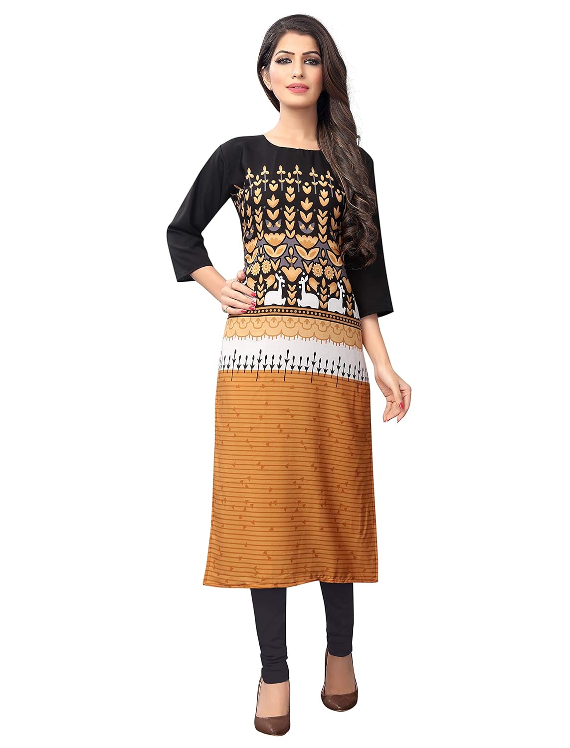 1 stop fashion women's brown-black coloured crepe knee long w style kurtas/kurti