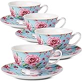 BTaT- Floral Tea Cups and Saucers, Set of 4, 8 oz, Fine Porcelain Teacup Set with Gold Trim for Afternoon Tea, Weddings, Parties & Gifting, Dishwasher Safe and Freezer Safe