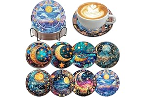MRPWNLE 8 Pcs Diamond Art Coasters Moon Diamond Painting Coasters Kits with Holder Cork Pads DIY Moon Diamonds Art Painting Coaster Set for Adults Beginners Crafts Supplies
