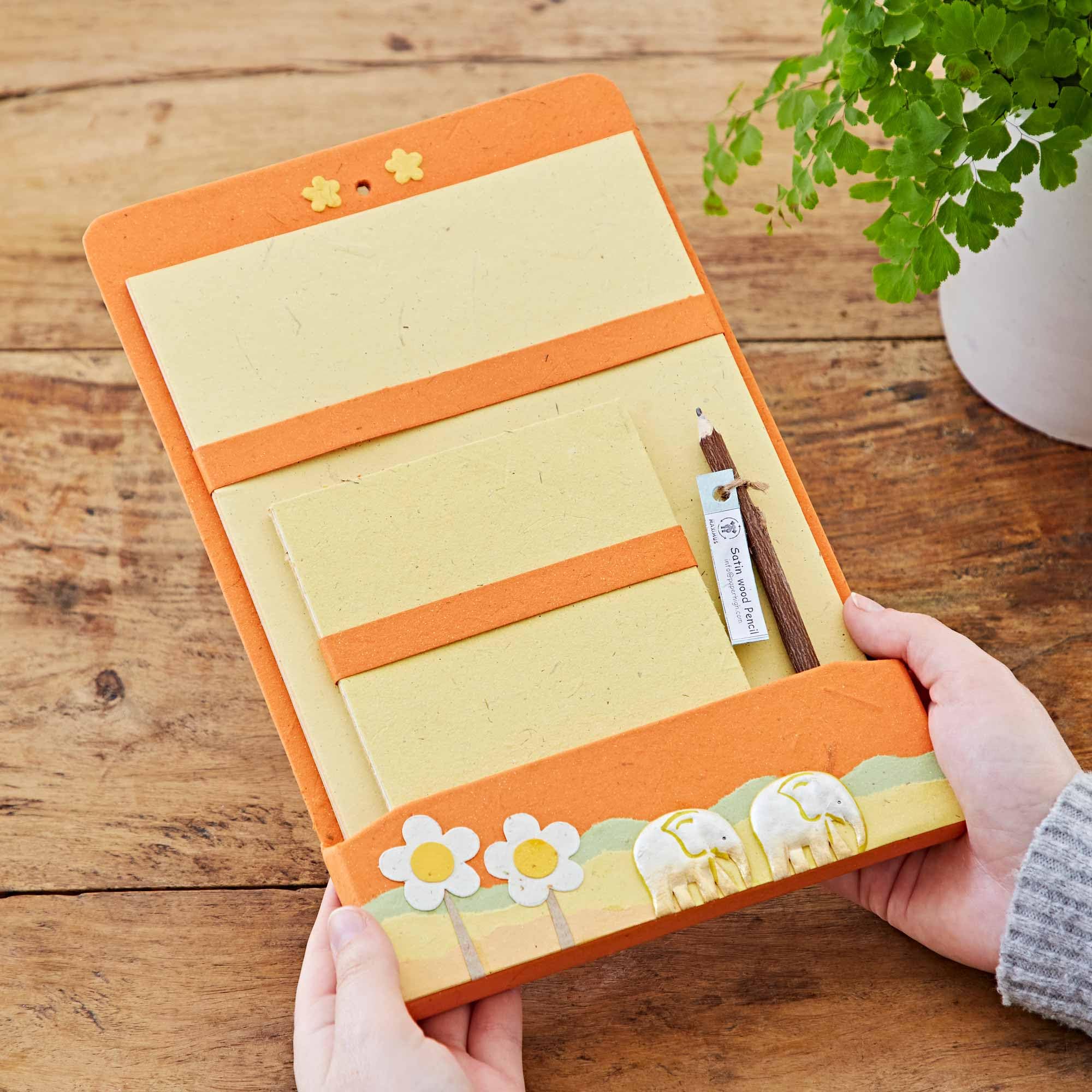 Elephant Dung Writing Set | Orange | 10 Sheets of A5 Recycled Paper and 5 Envelopes | Letter Writing Stationery Sets | 18cm x 28cm | Genuine Elephant Poo | Fair Trade and Handmade for Men and Women
