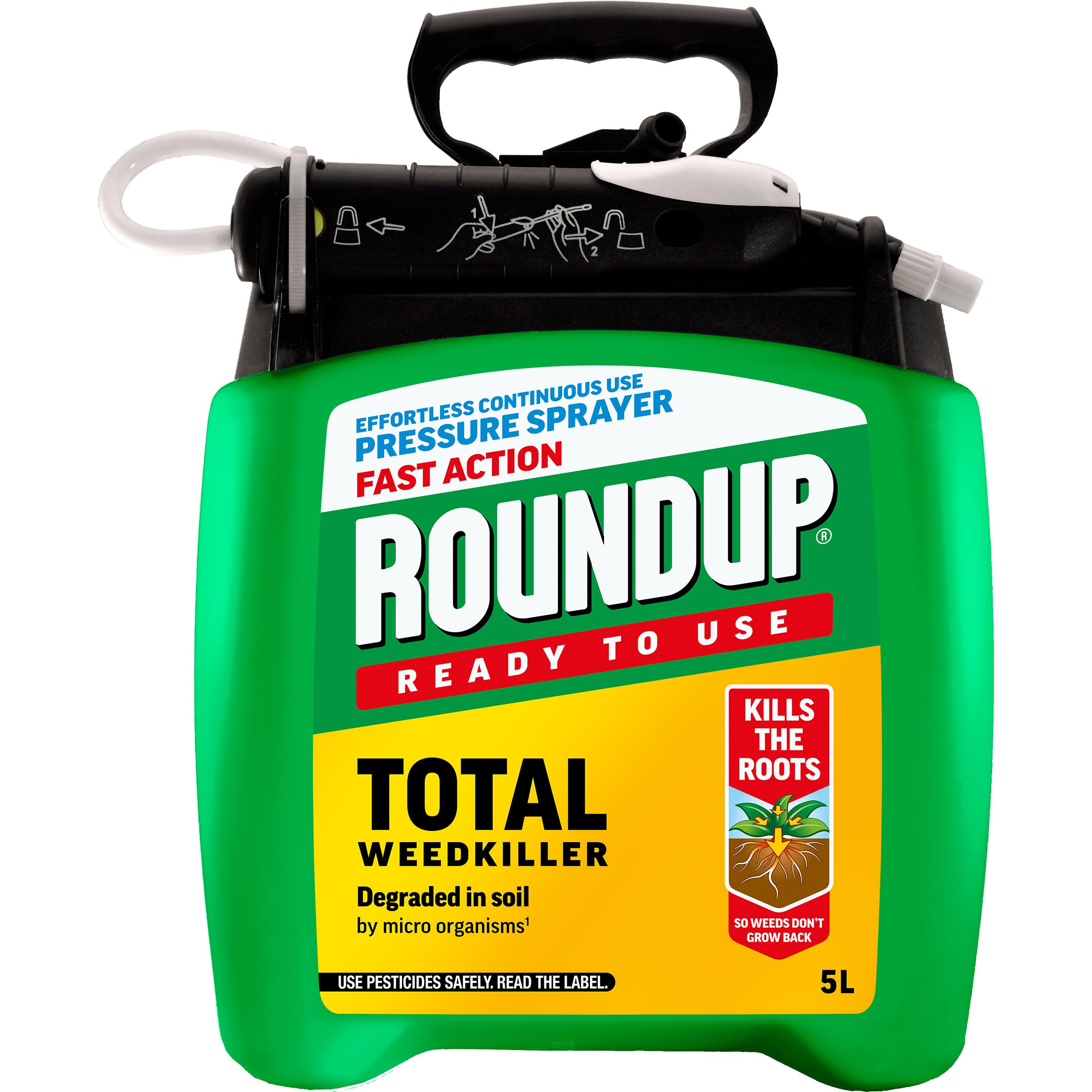 Roundup Fast Action Weedkiller Pump 'N Go Spray โ 5L Ready-to-Use Glyphosate Formula โ Kills Weeds & Roots with Visible Results in 1-2 Days โ Refillable Pressure Sprayer with Extendable Lance