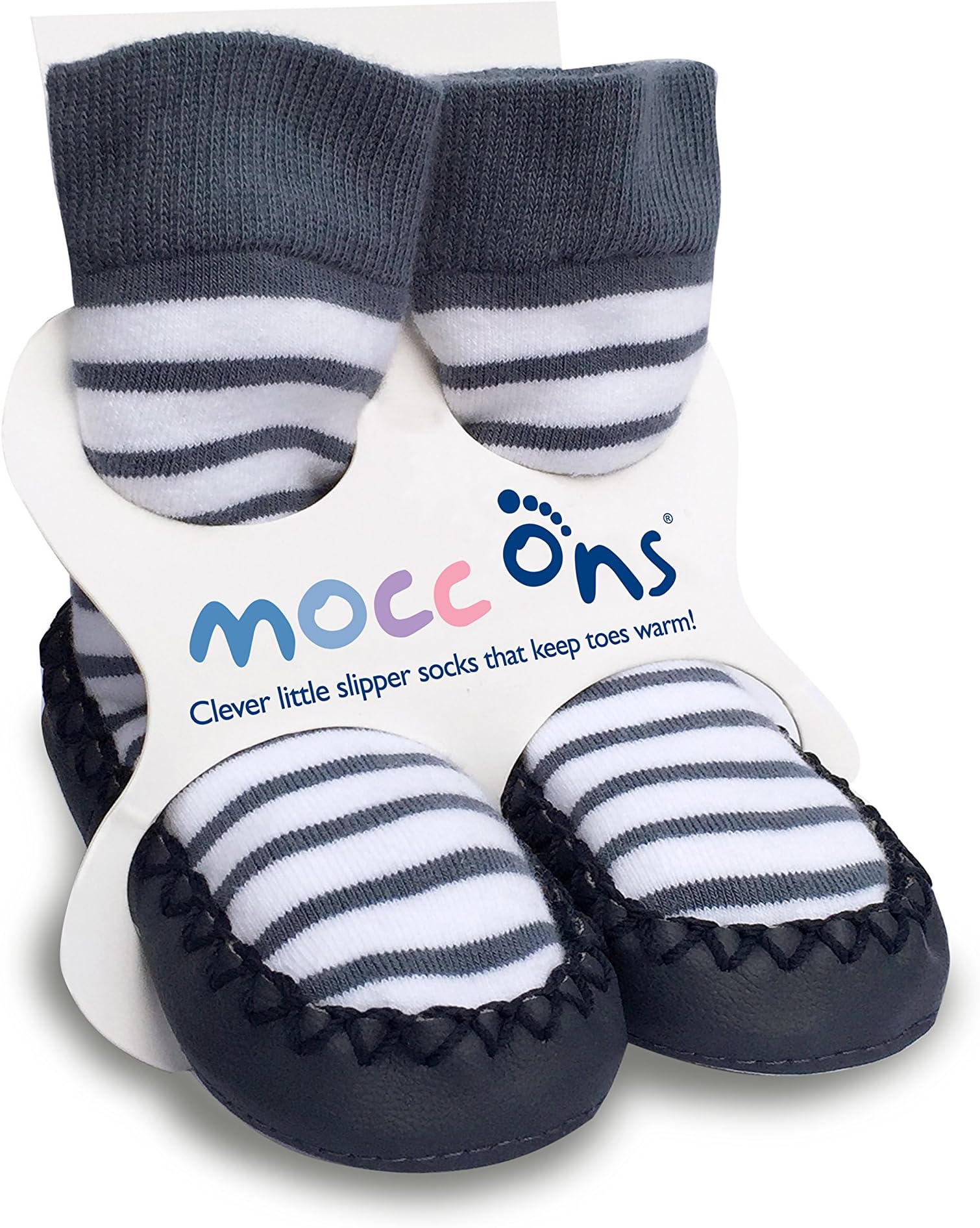 Mocc Ons moccasin washable leather sole slipper socks (12-18 Months, Nautical Stripe)